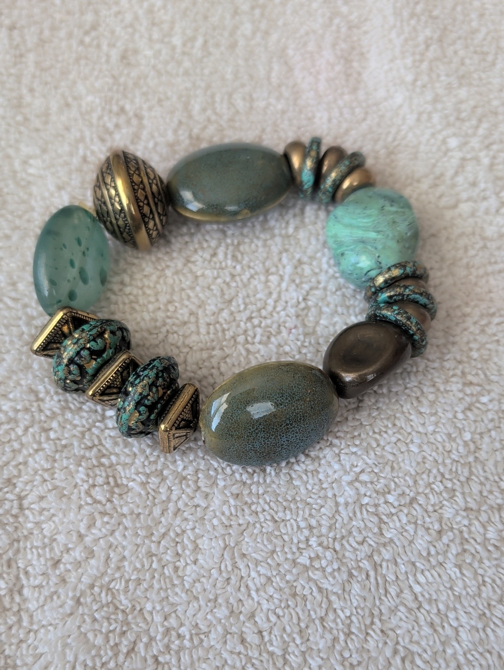 Turquoise & Antiqued Gold Beaded Stretch Bracelet - Women Jewelry